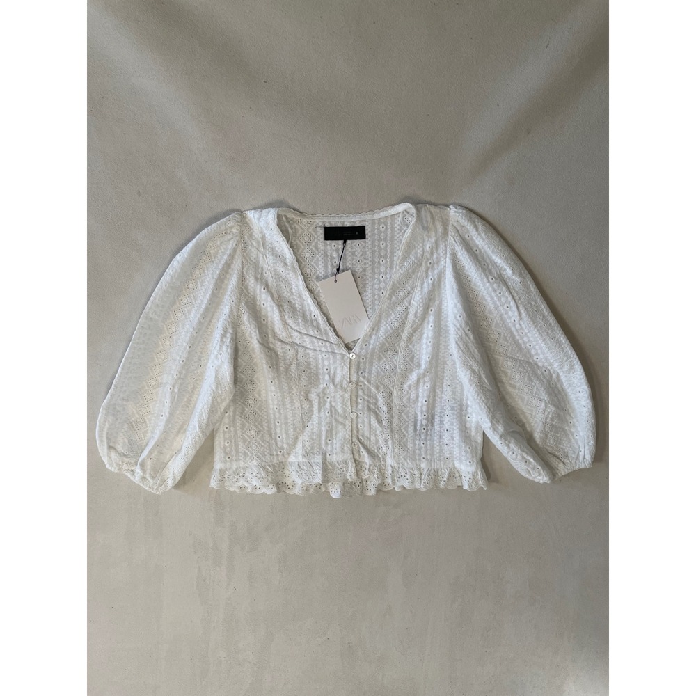 Zara White Eyelet Embroidery V-Neck Balloon Sleeve Button Front Blouse XS NEW